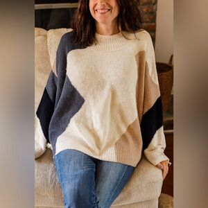 Gilli Color block Sweater Sz M Mock Neck Bat Wing Knit Abstract Geometric Cozy